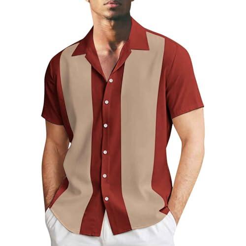 Gefomuofe Camisa clásica de manga corta para hombre, camisa de bolos a rayas bicolor con cierre de botones, camisa hawaiana, camisa de verano, camisa de bolos vintage, camisa de bolos rockabilly
