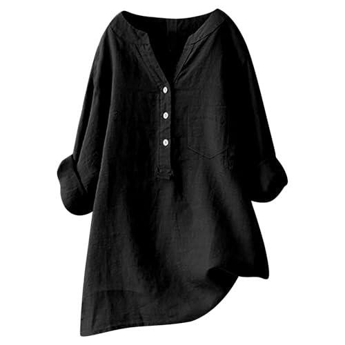 Camisa holgada de lino para mujer, de manga larga y botones, cuello mandarín, camiseta de verano para mujer, Negro , XL