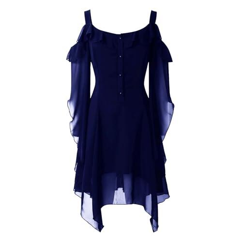 Generisch Vestido de gasa para mujer, estilo retro, monocolor, manga trompeta, vestido largo, largo hasta el suelo, vintage, medieval, gótico, vestido medieval para mujer, marine, M