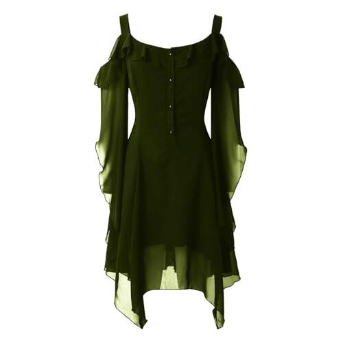 Generisch Vestido de gasa para mujer, estilo retro, monocolor, manga trompeta, vestido largo, largo hasta el suelo, vintage, medieval, gótico, vestido medieval para mujer, verde, XXL