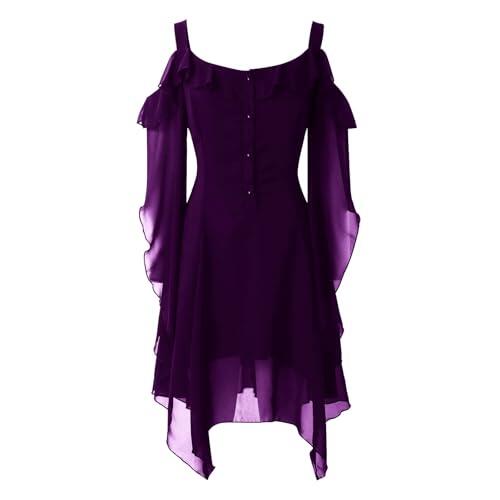 Generisch Vestido de gasa para mujer, estilo retro, monocolor, manga trompeta, vestido largo, largo hasta el suelo, vintage, medieval, gótico, vestido medieval para mujer, morado, L