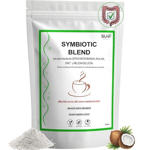 Symbiotic Blend Creamer - Natural Microbiotic con Probióticos y Prebióticos Intestinales, Melena de León y Zinc - Reduce Gases e Hinchazon Adultos - 30 dosis (1 Mes) - Hecho en España - 100% Vegano