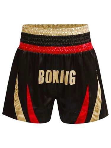 RUNQHUI Pantalón Corto de Boxeo Tailandés para Niños MMA Kick Boxing Entrenamiento Deportivo Fitness, dorado y rojo, 9-10 Años