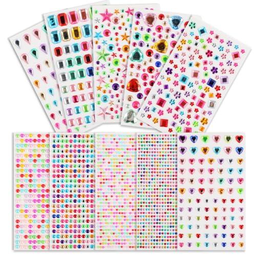 CRESZZLE 3500 Piezas de Brillantes Autoadhesivos Multicolor, Acrílico, Moderno, Cara, Corazón, Círculo, Cuadrado, Gota, Diamante de Imitación, Pegatinas de Purpurina para Manualidades y Decoración