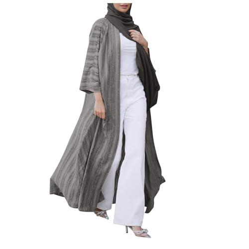 Moda Musulmán Kimono Abaya Cardi Robe Rayas Étnico Cardigan Caftán Medio Con Bolsillos Vestido Musulmán, plata, L