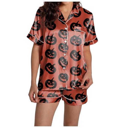 Trajes de dos piezas para mujer para mujer, conjunto de manga corta con cuello en V y pantalones cortos, camisón de satén para mujer (M), Rosa intenso., M