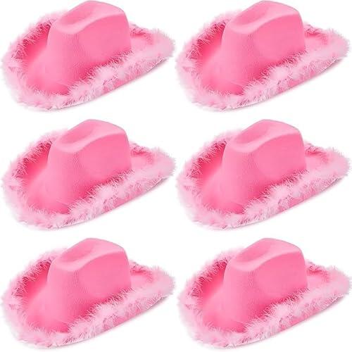 LYCN 6 sombreros de vaquero rosa para mujer, fieltro, sombrero de vaquero occidental con ribete de plumas mullidas para bodas, despedidas de soltera, fiestas de cumpleaños, cosplay, Rosa, 45