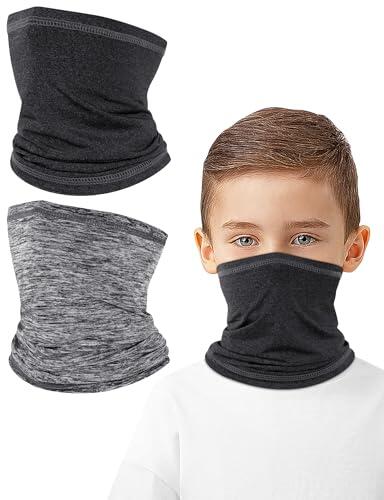 Kiiwah 2 Piezas Braga Cuello Fino para Niño Niña, Bufanda Cuello Multifunción Transpirable para Ciclismo, Senderismo, Pesca, Deportes (Negro, Gris)