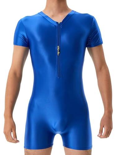 Ausing - Mono bodycon para hombre, cuerpo de deporte, camiseta de cuerpo para hombre, mono brillante, para hombre, traje de baile, para hombre, manga corta, azul, XL