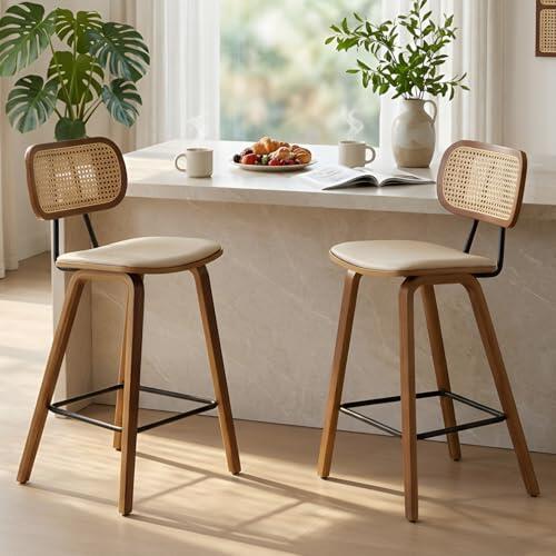 Ya-Home Juego de 2 Taburetes Altos de Cocina Modernos con Respaldo Rattán,Taburetes de Bar Tapizando en Cojín de PU, Sillas Altas de Mostrador con Patas de Madera para Hogar/Restaurante