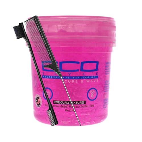 Eco Style - Gel para Rizos y Ondas (Rosa) de 8 Onzas con Peine y Cepillo, Sujeción Firme y Brillo, Mejora los Rizos y Ondas, Gel sin Alcohol e Hidratante