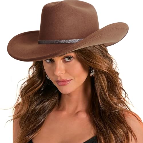 DRESHOW Sombrero de Vaquero para Mujers y Hombres Sombrero de Vaquera Western Clásico con Cinturón de Hebilla Sombrero de Enrollado de ala Ancha Grande Moldeable Fieltro Fedora para Unisex
