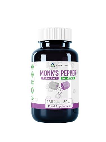 Alzuro Labs Pimienta monje | 120 mg equivalente (30 mg extracto 4:1) | 180 cápsulas veganas | Equilibrio hormonal y bienestar | Suministro de 6 meses | Probado en laboratorio y suplemento dietético