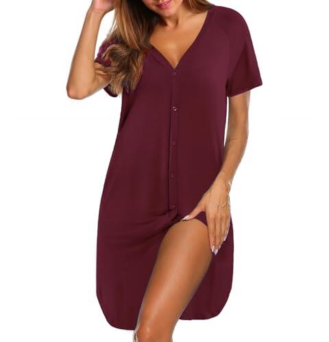 iClosam Camisón de Lactancia para Mujer Algodón Camisón Hospital Ropa de Dormir para Premamá con Botones Cuello en V Camisones Maternidad Camisón
