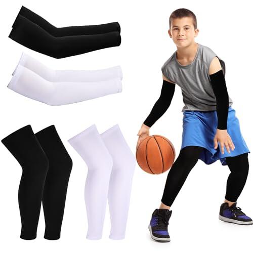 EXTRAPINS 2 pares de mangas de compresión para las piernas y 2 pares de protección solar para las rodillas, manguitos de compresión para niños, niñas, ciclismo, correr, fútbol, multicolor, M