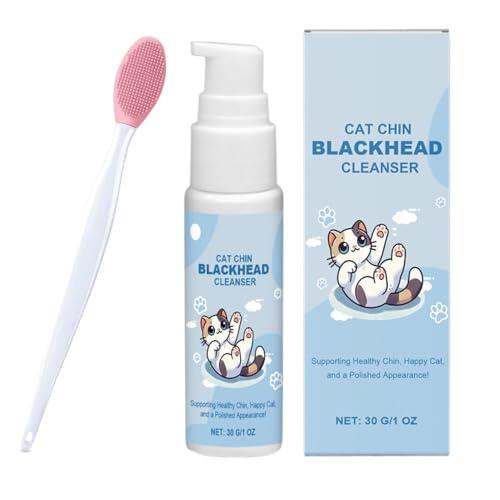 JIEBWCHA Crema para el acné de gato, 30 g, juego de cuidado de barbilla, limpiador de mentón para gatos con cepillo de limpieza de acné de gato, elimina suavemente las espinillas del gato, cuida la