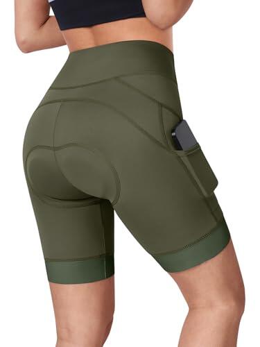 BERGRISAR Pantalones cortos de ciclismo acolchados 4D para mujer con bolsillos, pantalones cortos de ciclismo para bicicleta, Verde, M