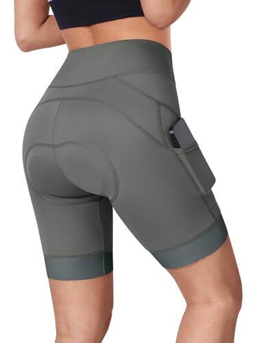 BERGRISAR Pantalones cortos de ciclismo acolchados 4D para mujer con bolsillos, pantalones cortos de ciclismo para bicicleta, gris, M