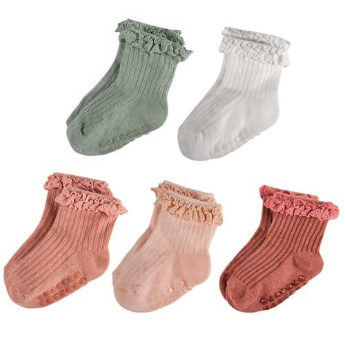 WEESTAAMO 5 pares de calcetines para bebé y niña para recién nacidos de 0 a 6 meses a 3 años, calcetines antideslizantes para bebé, perfectos para bautizos, uso diario o regalo, Melocotón、Rosa、Verde
