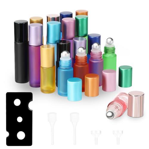 Zikenis 18 Piezas Botellas Roll On Cristal, 10ml 5ml Color Botellas de Aceite Esencial con Roll-on Bola de Acero Inoxidable Abridor de Botellas Embudo Gotero, para Aceites Esenciales, Perfumes, Masaje