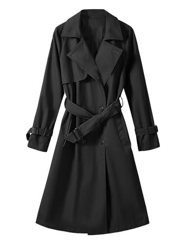 Vancavoo Gabardina para Mujer Abrigos Primavera Casual Clásica Doble Botonadura con Cinturón Abrigo Trench Antiviento,Negro,L
