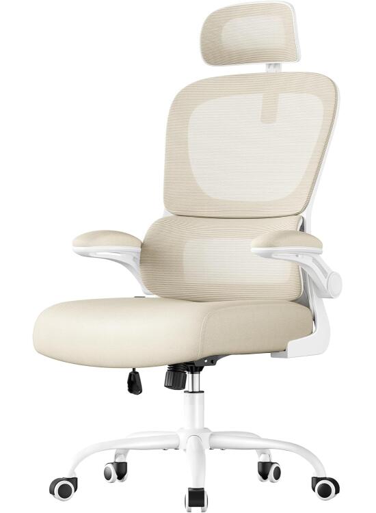 SONGMICS Silla de Oficina, Silla de Escritorio Ergonómica, Tela de Malla de Doble Capa Transpirable, Soporte Lumbar Adaptable, Reposacabezas Ajustables, para Oficina en Casa, Beige Arena OBN041L01