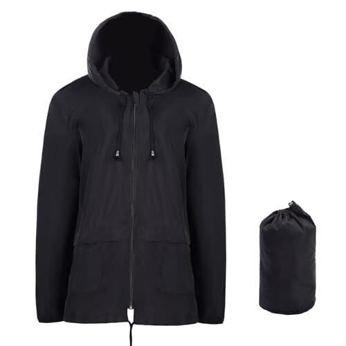 Chaqueta impermeable ligera para mujeres, chubasquero plegable chaqueta de lluvia con capucha para actividades al aire libre, senderismo, correr, ciclismo, Negro, XXL