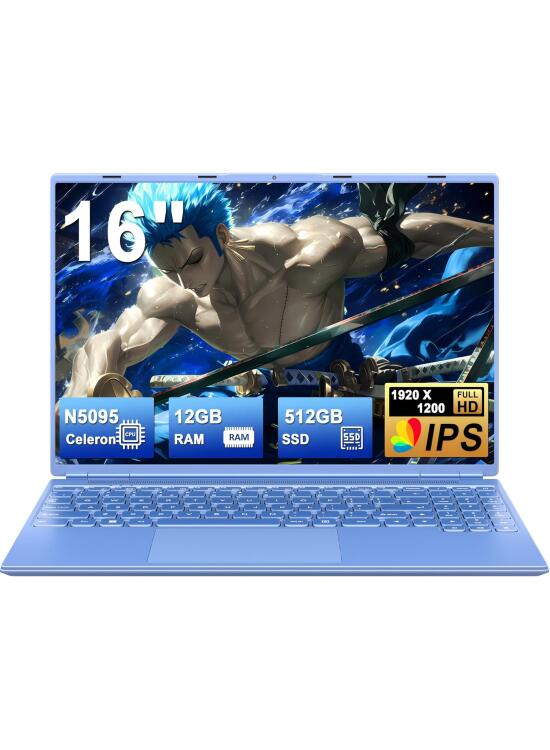 Ordenador Portátil 16 Pulgadas Celeron N5095 Up to 2.9Ghz, Portátil Win 11 con 5G WiFi 12+512GB SSD Expansión 1TB, BT 4.2 Mini Puerto Multimedia Portatiles Ventilador Refrigeración 1920*1200-Azul
