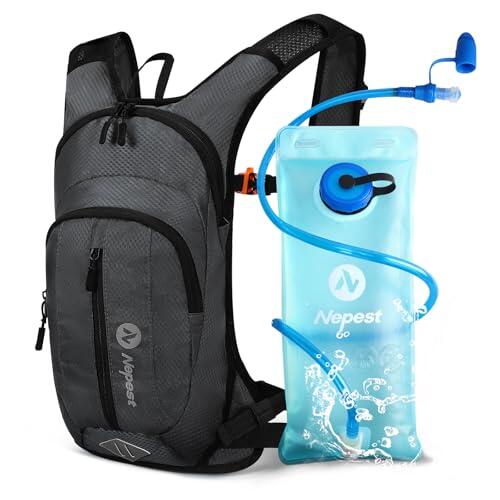 Nepest Mochila de hidratación de 8 l – Mochila para bicicleta y esquí con bolsa de hidratación de 2 l, ideal para MTB, correr y esquiar, pecho ajustable y correa de cintura con silbato de seguridad