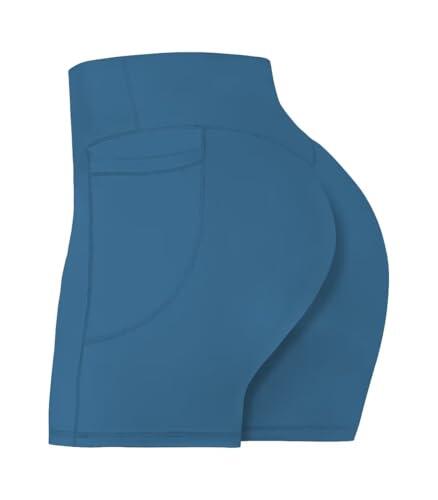 Sunzel Pantalones cortos de ciclista sin costuras frontales para mujer, con bolsillos, para yoga, entrenamiento, gimnasio, ciclismo, con control de abdomen, Gris azul, M