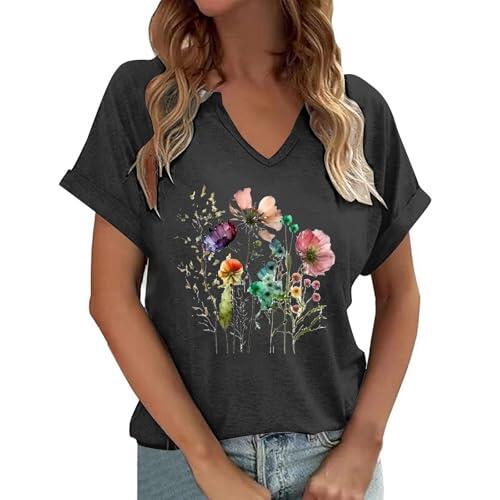 Generisch Camiseta informal de manga corta con estampado floral y cuello en V para mujer, gris oscuro, XXL