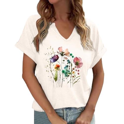 Generisch Camiseta informal de manga corta con estampado floral y cuello en V para mujer, beige, XL