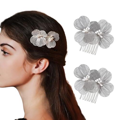 Ypkia 2 peines de flores para novia, plateados, metálicos, para el pelo, para bodas, para mujeres y niñas (plateada)