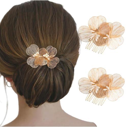 Ypkia 2 peines de flores para novia, plateados, de metal, para el pelo, dientes partidos, bodas, accesorios para el pelo para mujeres y niñas (dorado)