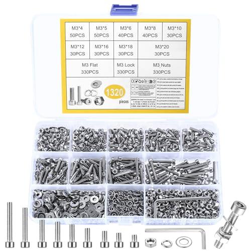 1320 Pcs M3 Juego de Tornillos con Tuercas, Tornillos de Cabeza hueca Hexagonal de Acero Inoxidable y Tuercas con Arandelas, M3Tornillos de Cabeza Allen de Cilíndrica, Pernos Tornillería Inox