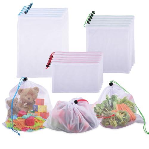 Velicber 15 Piezas Bolsas de Frutas y Verduras, Bolsas de Verduras con Cordón, Bolsas de Malla Reutilizables, Lavable de Malla para Frutas, Verdura, Juguetes, Comestibles, 3 Tamaño