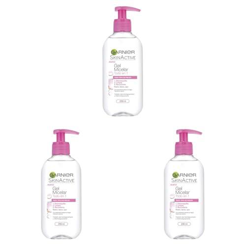 GARNIER Skin Active - Gel Micelar Desmaquillante para Pieles Normales, Todo en Uno, 200 ml (Paquete de 3)