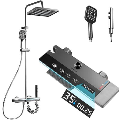 JUPPLIES Columna de Ducha Termostatica con Pantalla Digital LED, Cabezal de Ducha XL estilo Lluvia, Ducha de Mano, Rociador auxiliar y Grifo Cascada – Acero Inoxidable - Baño de Lujo y Confort