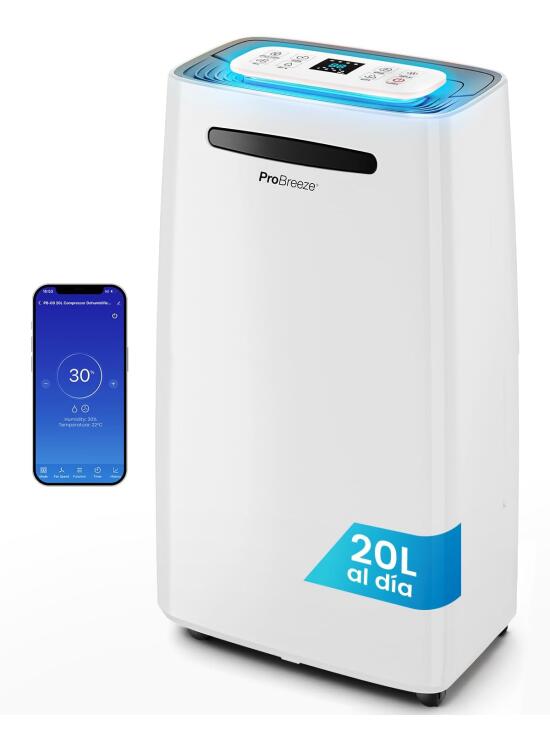 Pro Breeze deshumidificador inteligente 20L/día con Wi-Fi, sensor de humedad, modo ropa y drenaje continuo para condensación y moho en casa