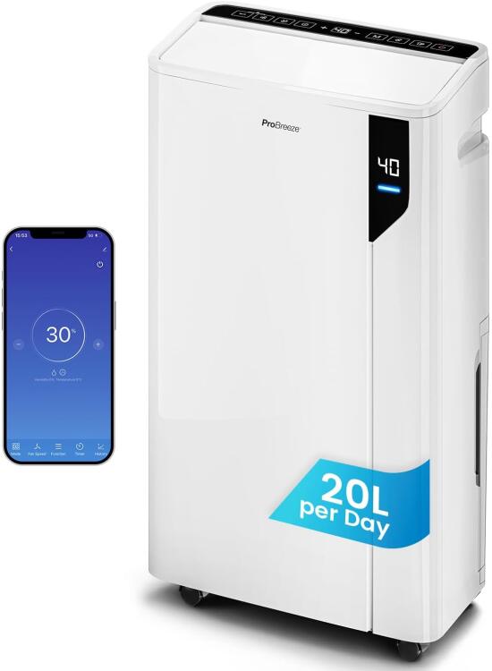 Pro Breeze® 20 L/día Smart deshumidificador digital Wi‑Fi modo sueño secado ropa temporizador 24 h — ideal para condensación y humedad en espacios grandes
