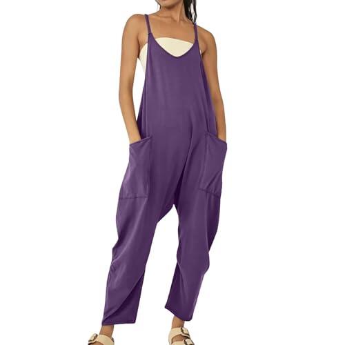 Mono grande para mujer, de verano, largo, monocolor, pantalón holgado, elegante, sexy, cuello de pico, con bolsillos grandes, sin mangas, ligero, PP1., L