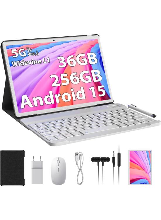 Tablet 10 Pulgadas Android 15.0 con 5G WiFi 6, 36GB RAM+256GB ROM(1TB Ampliable), Octa Core 2.0 GHz, 8000mAh, 5MP+8MP, FHD, Widevine L1, WLAN, Bluetooth, GPS, Tablet con Teclado (Oro)