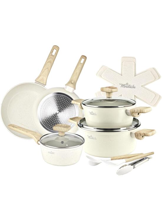 La Moustache - Juego de Ollas y Sartenes + Accesorios【14 Piezas】Aluminio con Antiadherente sin PFOA y PFOS, Espátula, Cucharón, Pinzas, Protectores, Batería para Inducción y Todas las Cocinas (Latte)