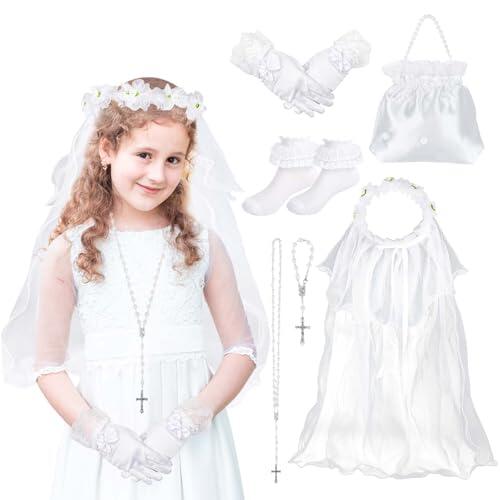 Diadema de Primera Comunión Niña, Corona Flores Velo Collar Pulseras Rosarios de Comunion Guante Blanco Calcetines Satén Bolso Regalos Comunión para Niñas