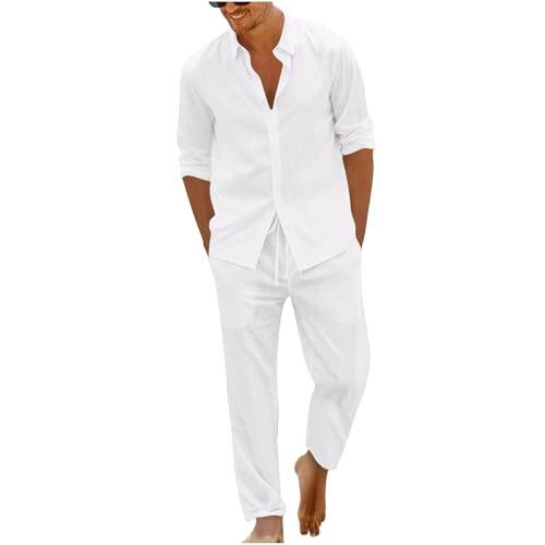 Dmmtot Conjunto de 2 piezas de lino casual para hombre, camisas de manga larga con botones, cintura elástica, pantalones de pierna recta, básicos, color sólido, ajuste regular, transpirable, ropa
