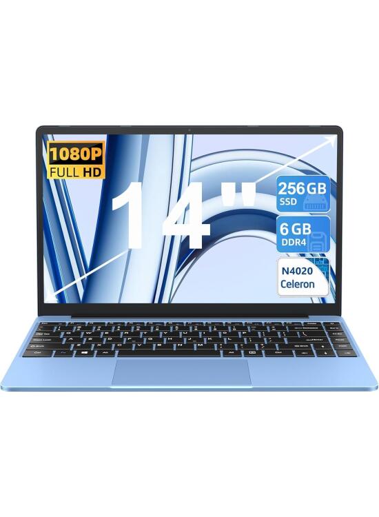 Ordenador Portatil Celeron N4020 Up to 2.8Ghz, Ordenadores Portatiles 14 Pulgadas Win 11 Pro con 5G WiFi 6+256GB SSD Expansión 1TB, BT 4.2 1920*1080 FHD Mini Puerto Multimedia Portatiles Buenos-Azul