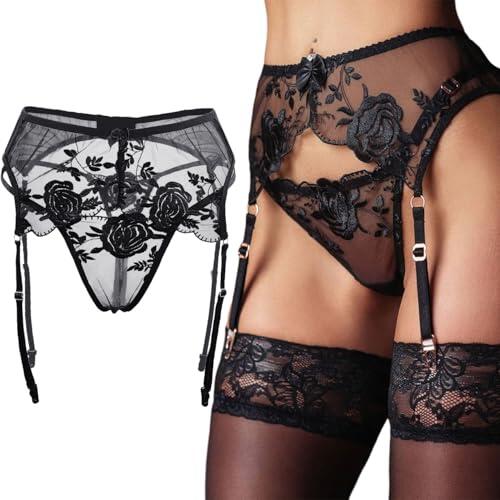 Ligueros y Tanga Set para Mujer Sexy Encaje Conjunto de Lencería con Liguero Transparente Ligas con 4 Clips Metálicos Ajustables para Medias Erótico Ropa Interior + G-string