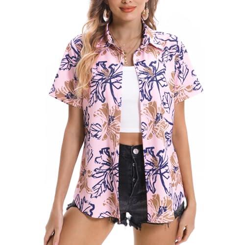 Generisch Camisas con botones para mujer, informales, manga corta, estampado floral, blusa de verano, túnica para mujer, elegante, Rosa., L