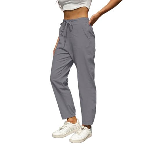 Generisch Pantalones casuales para mujer de lino liso con cordón, cintura elástica, corte estrecho, pantalones largos cónicos 3/4 para mujer de verano, gris, M