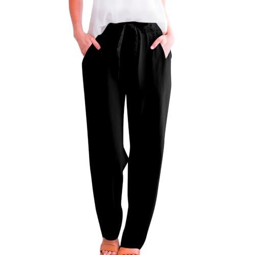 Generisch Pantalones casuales para mujer de lino liso con cordón, cintura elástica, corte estrecho, pantalones largos cónicos 3/4 para mujer de verano, Negro , L